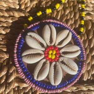 Old vintage African leather and shell pendant necklace